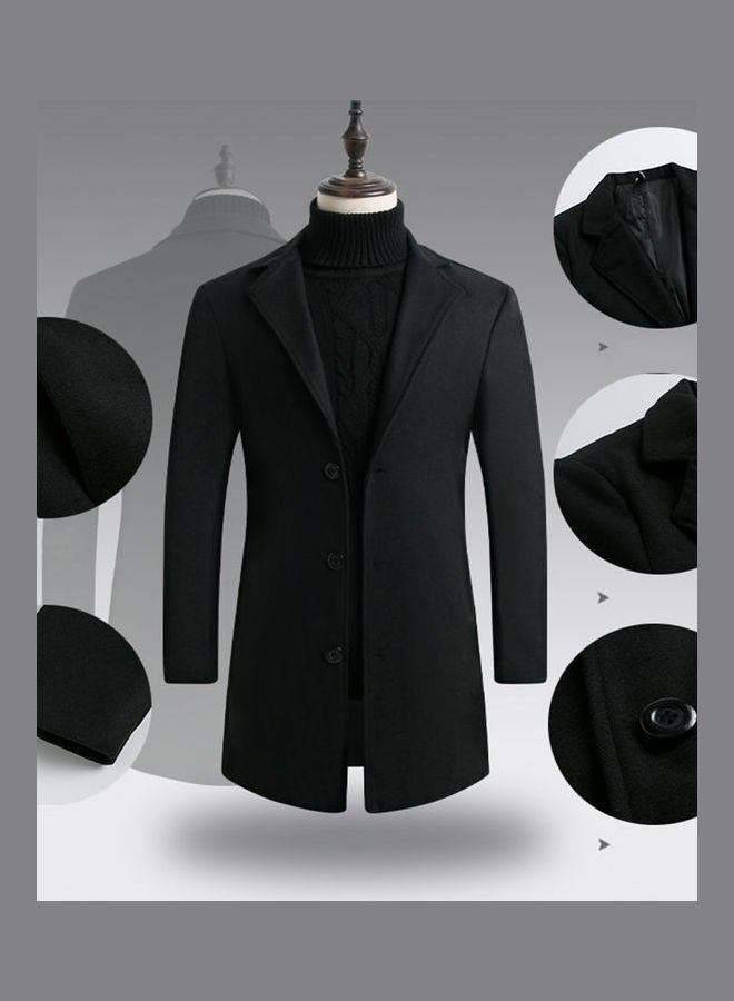 Men Slim Single-Breasted Woolen Coat V-Neck Solid Color Lapel Over Size Middle Long Overcoat Black  - Image 4