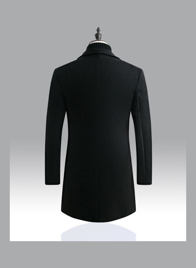 Men Slim Single-Breasted Woolen Coat V-Neck Solid Color Lapel Over Size Middle Long Overcoat Black  - Image 5