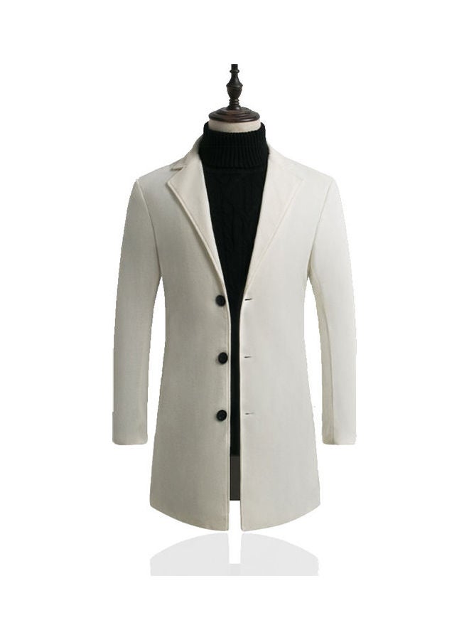Men Slim Single-Breasted Woolen Coat V-Neck Solid Color Lapel Over Size Middle Long Overcoat White  - Image 1