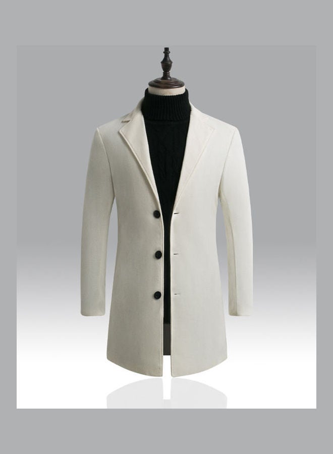 Men Slim Single-Breasted Woolen Coat V-Neck Solid Color Lapel Over Size Middle Long Overcoat White  - Image 4