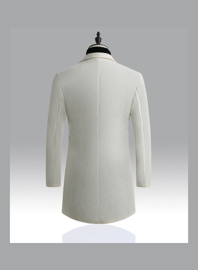 Men Slim Single-Breasted Woolen Coat V-Neck Solid Color Lapel Over Size Middle Long Overcoat White  - Image 5