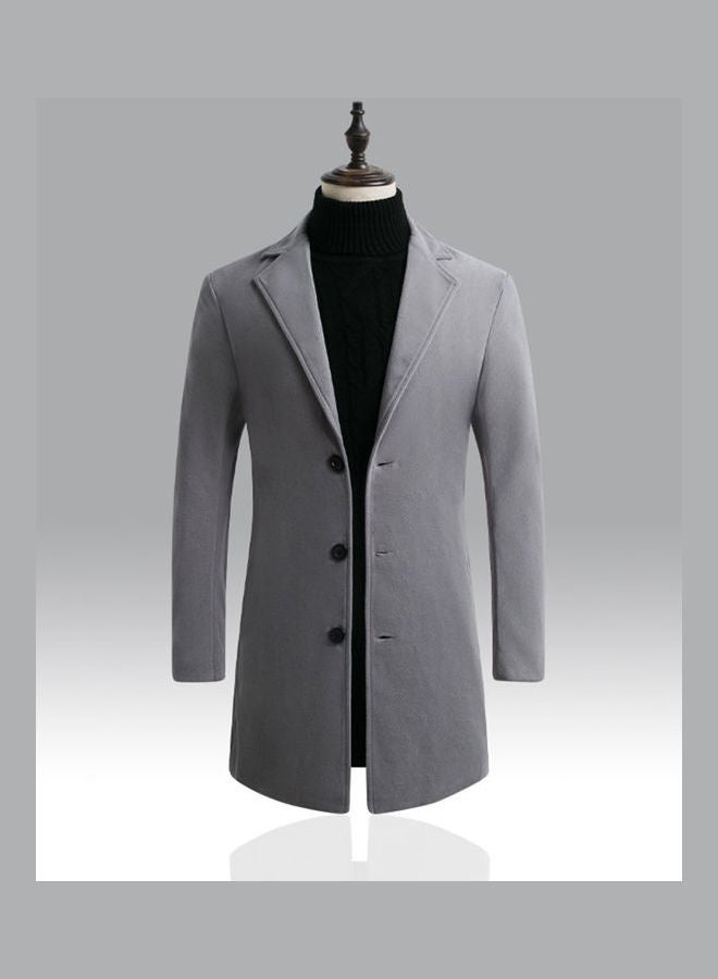 Men Slim Single-Breasted Woolen Coat V-Neck Solid Color Lapel Over Size Middle Long Overcoat Light Grey  - Image 4
