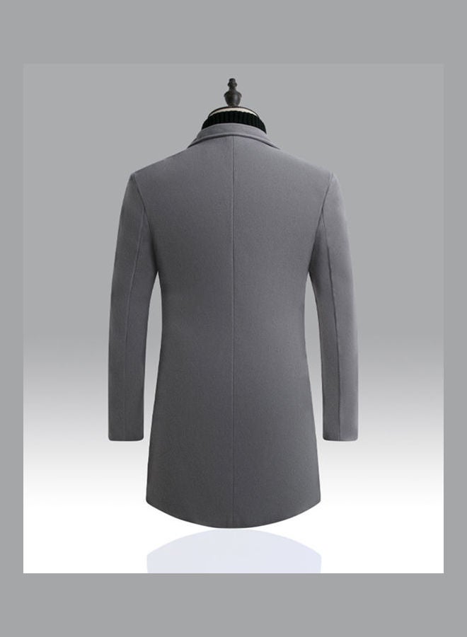 Men Slim Single-Breasted Woolen Coat V-Neck Solid Color Lapel Over Size Middle Long Overcoat Light Grey  - Image 5