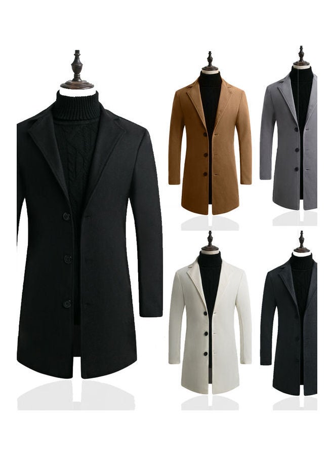 Slim Single Breasted Woolen V-Neck Lapel Middle Long Over Coat Dark Gray  - Image 2