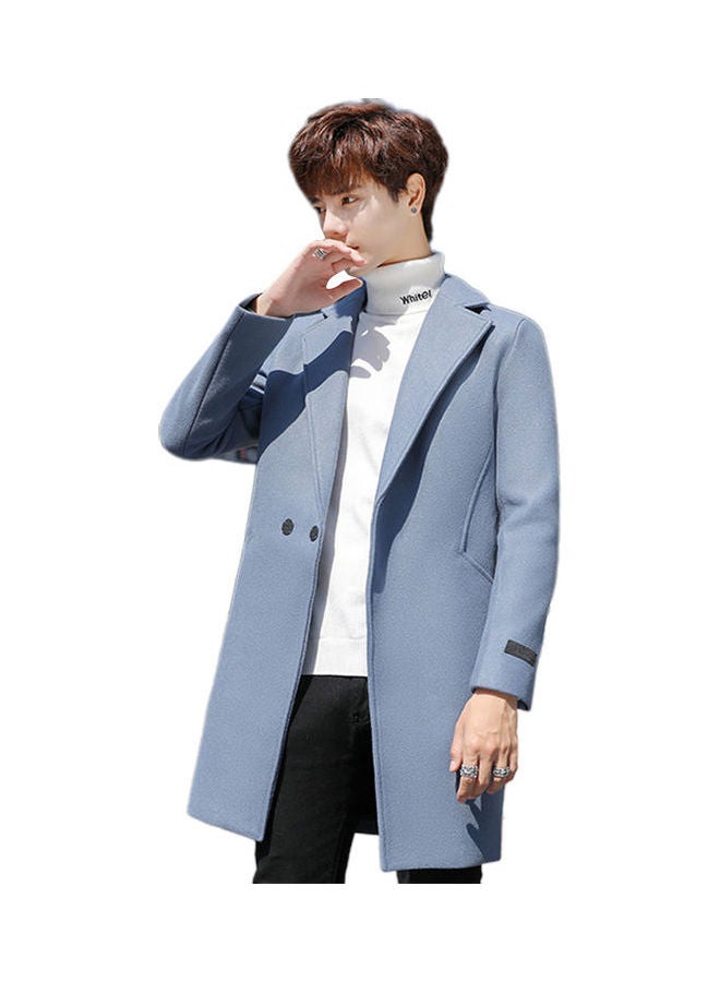 Generic - Men V-Neck Lapel Woolen Trench Coat Solid Color Plus Size Middle Long Overcoat Blue - Image 1