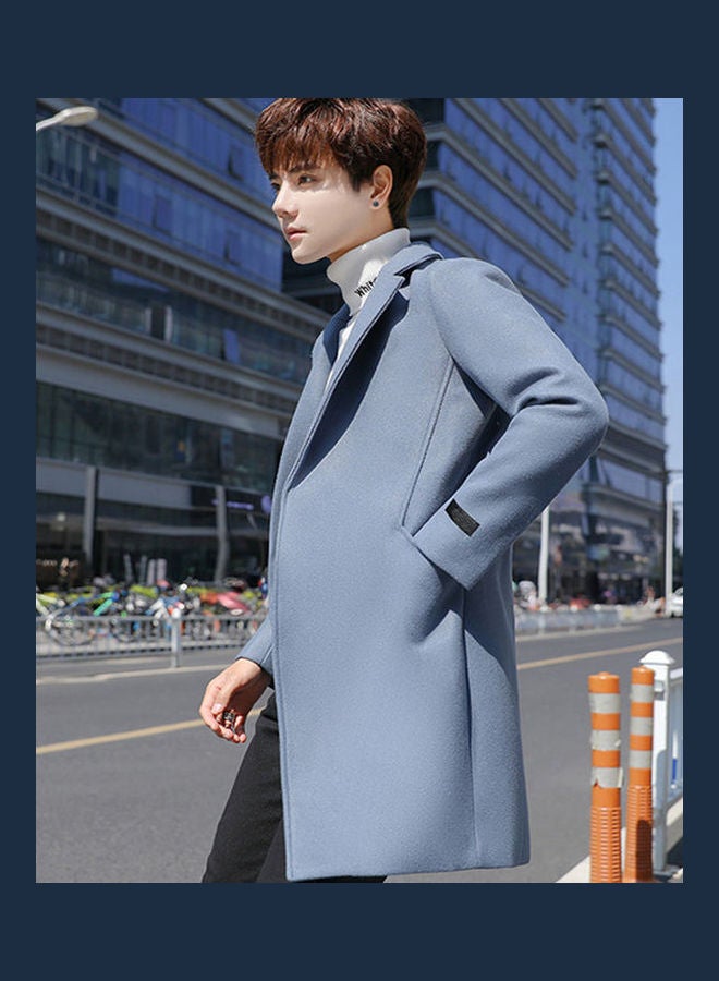 Generic - Men V-Neck Lapel Woolen Trench Coat Solid Color Plus Size Middle Long Overcoat Blue - Image 1