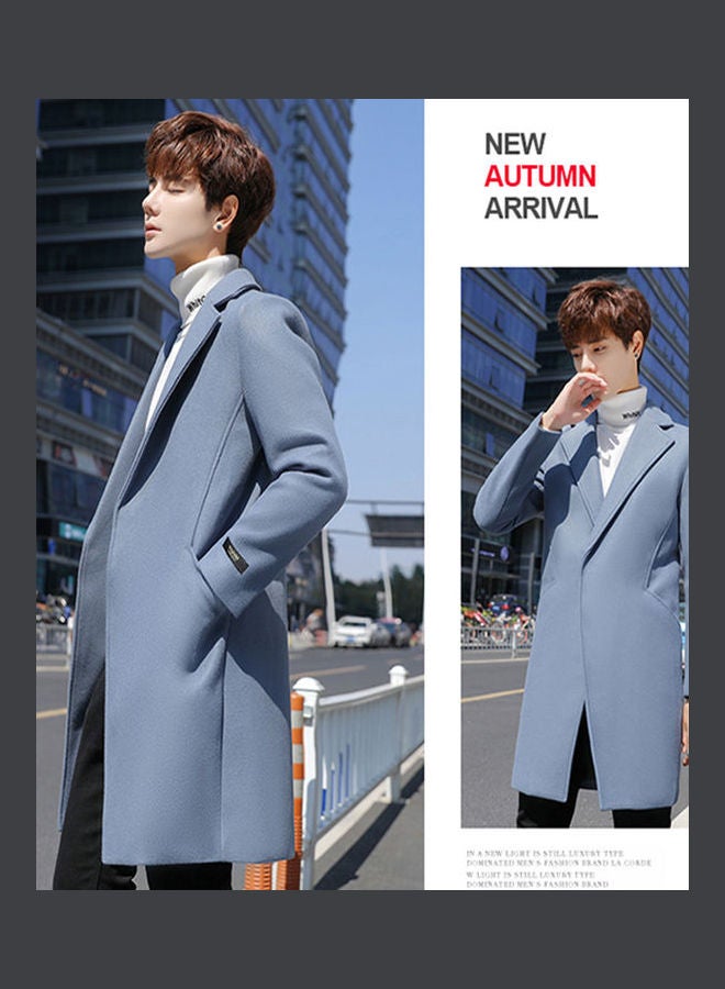 Generic - Men V-Neck Lapel Woolen Trench Coat Solid Color Plus Size Middle Long Overcoat Blue - Image 1
