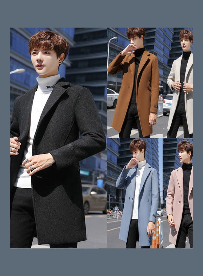 Generic - Men V-Neck Lapel Woolen Trench Coat Solid Color Plus Size Middle Long Overcoat Blue - Image 1