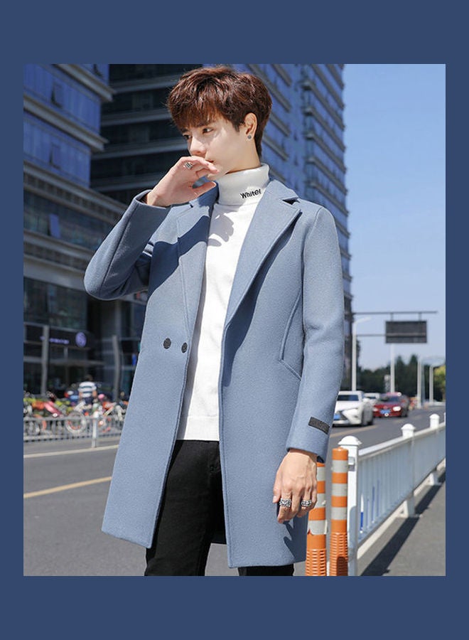 Generic - Men V-Neck Lapel Woolen Trench Coat Solid Color Plus Size Middle Long Overcoat Blue - Image 1