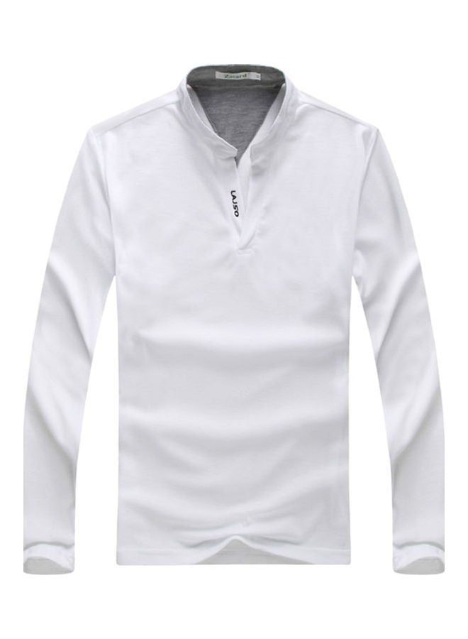 Male Stand Collar Polo Shirt Of Long Sleeves And V-Neck Plus Size Casual Pullover Top White  - Image 1