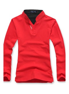Generic Male Stand Collar Polo Shirt Of Long Sleeves And V-Neck Plus Size Casual Pullover Top Red  - Image 1