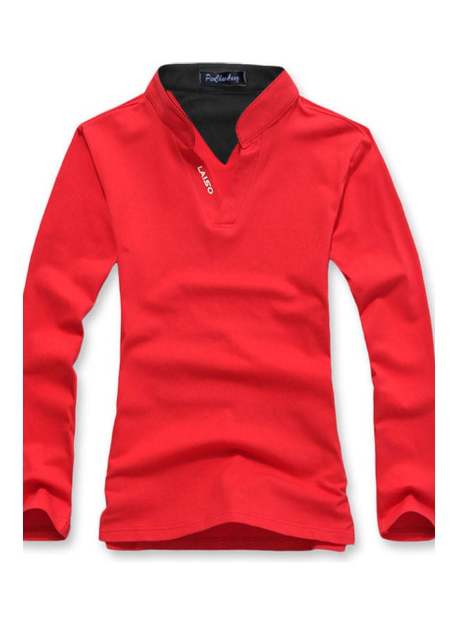 Male Stand Collar Polo Shirt Of Long Sleeves And V-Neck Plus Size Casual Pullover Top Red  - Image 1