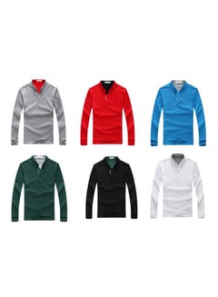 Generic Male Stand Collar Polo Shirt Of Long Sleeves And V-Neck Plus Size Casual Pullover Top Red  - Image 2