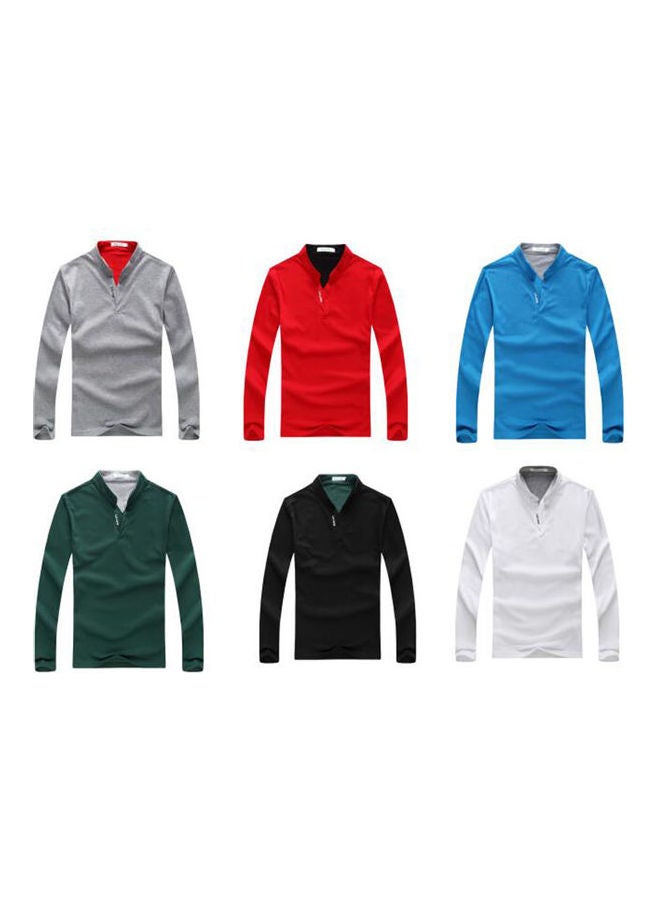 Male Stand Collar Polo Shirt Of Long Sleeves And V-Neck Plus Size Casual Pullover Top Red  - Image 2