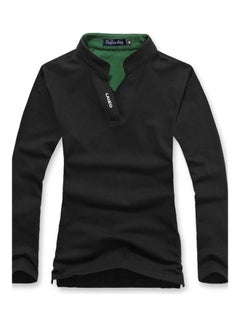 Generic Male Stand Collar Polo Shirt Of Long Sleeves And V-Neck Plus Size Casual Pullover Top Black  - Image 1