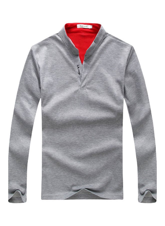 Male Stand Collar Polo Shirt Of Long Sleeves And V-Neck Plus Size Casual Pullover Top Light Grey  - Image 1