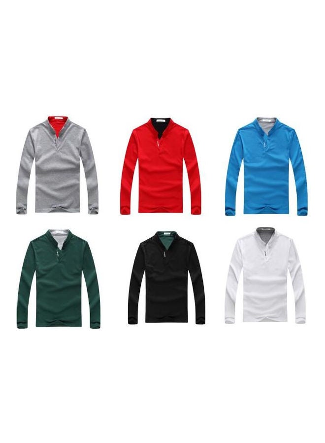 Male Stand Collar Polo Shirt Of Long Sleeves And V-Neck Plus Size Casual Pullover Top Light Grey  - Image 2