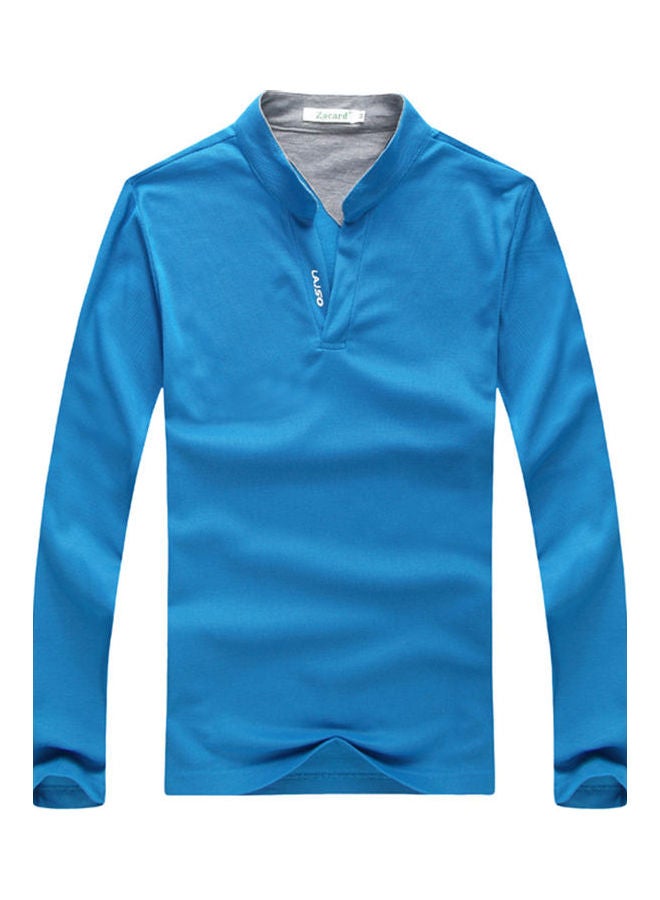 Male Stand Collar Polo Shirt Of Long Sleeves And V-Neck Plus Size Casual Pullover Top Blue  - Image 1