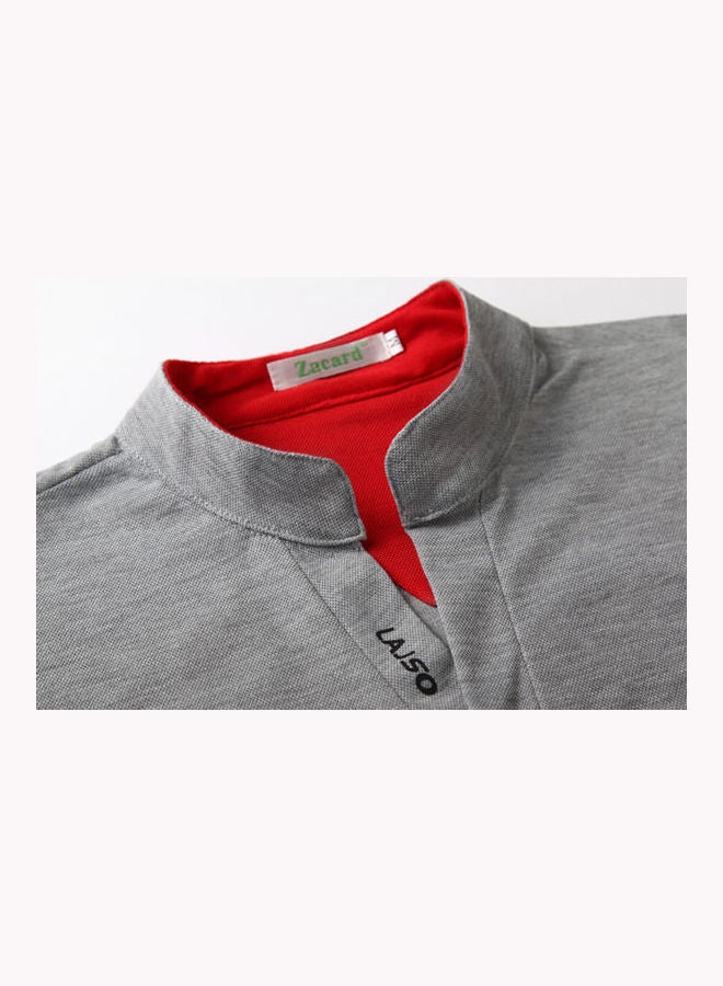 Male Stand Collar Polo Shirt Of Long Sleeves And V-Neck Plus Size Casual Pullover Top Light Grey  - Image 4