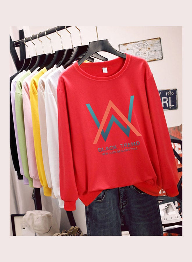 Unisex Plus Size Loose Sweatshirt Printing W Crew Neck Long Sleeve T-Shirt Pullover Red  - Image 3