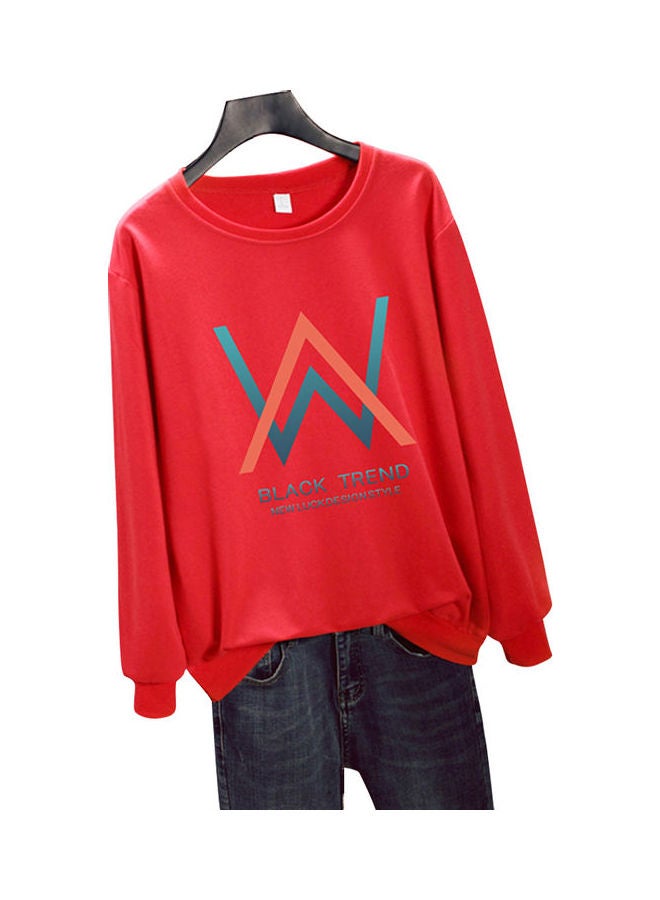 Unisex Plus Size Loose Sweatshirt Printing W Crew Neck Long Sleeve T-Shirt Pullover Red  - Image 4