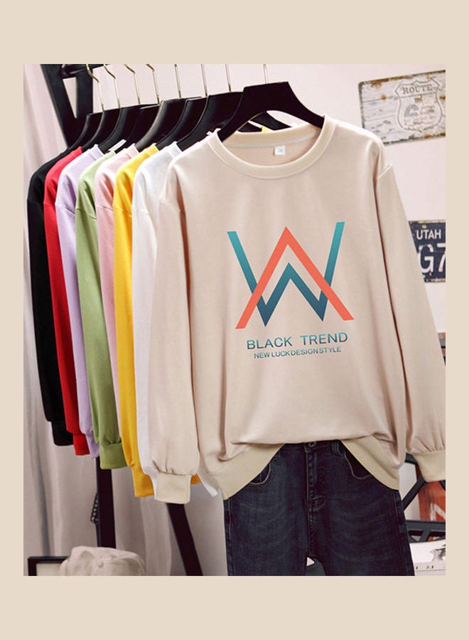 Unisex Plus Size Loose Sweatshirt Printing W Crew Neck Long Sleeve T-Shirt Pullover Apricot  - Image 3