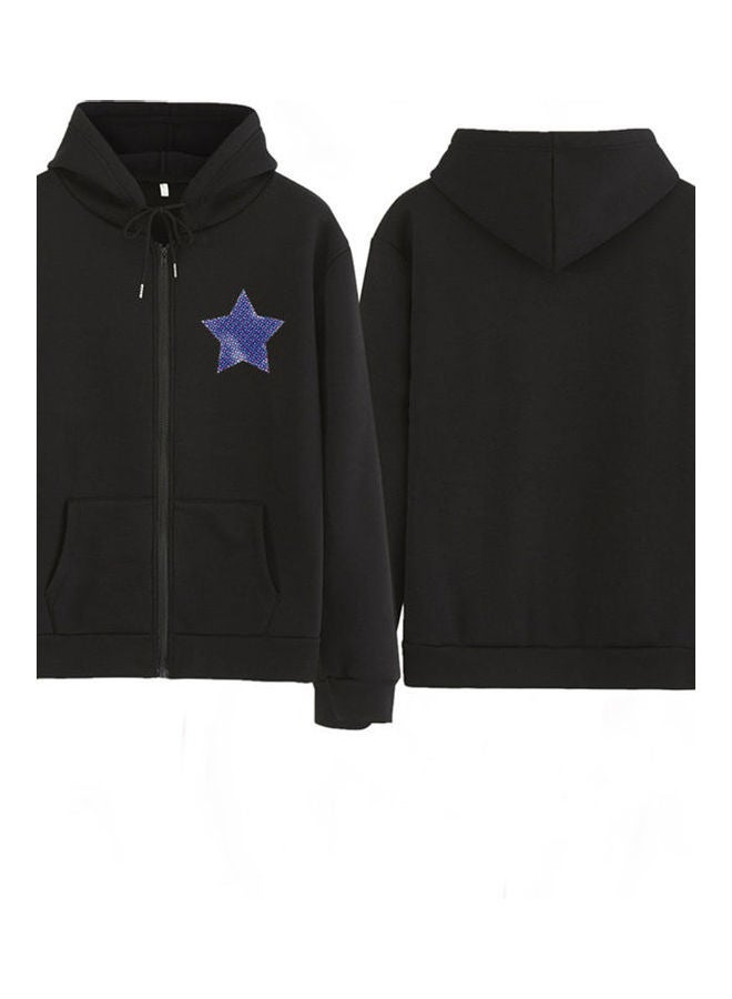 Unisex Zipper Hoodie Sweatshirt Printing Star Drawstring Couple Loose Pullover Black - Image 1