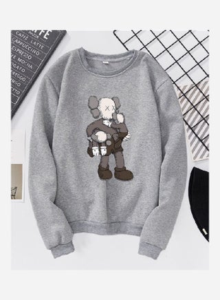 Unisex Thicken Sweatshirt Cartoon Climbing Doll Crew Neck Couple Loose Pullover Gray - v1605733252/N42372938V_1