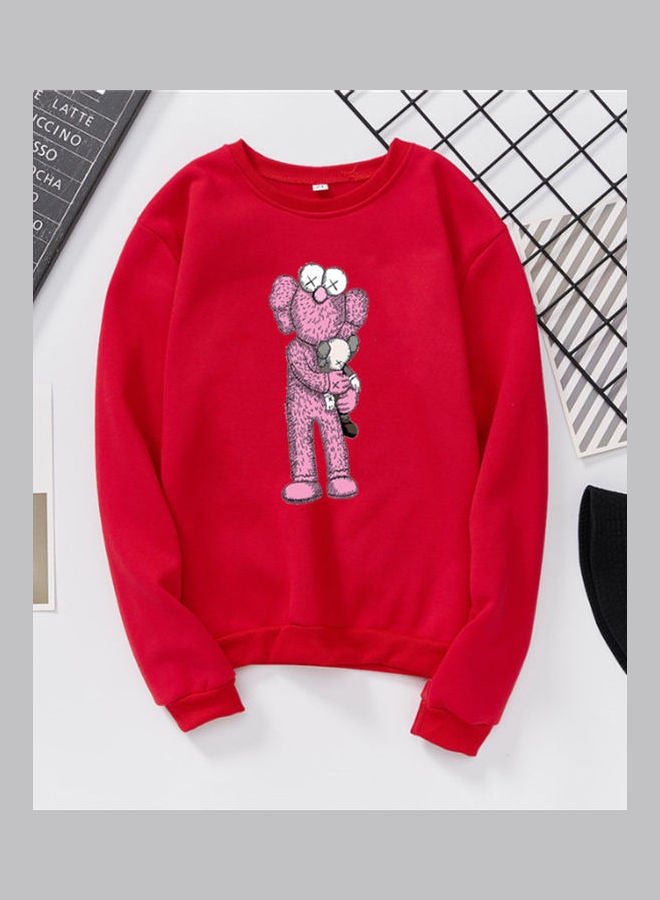 Generic Unisex Sweatshirt Cartoon Standing Doll Crew Neck Couple Loose Thicken Pullover Red  - Image 1