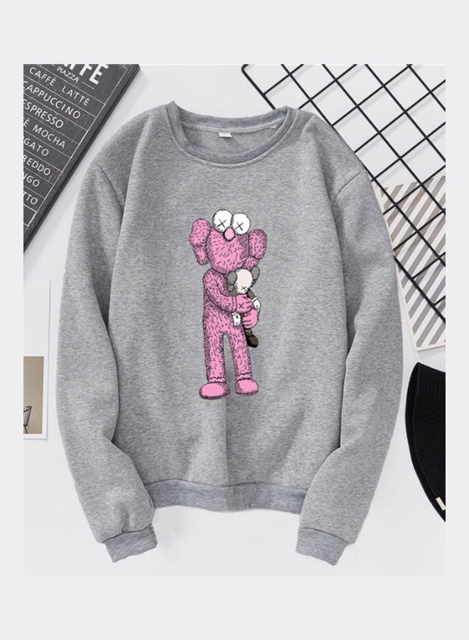 Generic Unisex Sweatshirt Cartoon Standing Doll Crew Neck Couple Loose Thicken Pullover Gray  - Image 1
