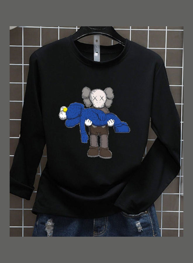 Generic Unisex Long Sleeve T-shirt Cartoon Holding Doll Crew Neck Base Shirt Loose Pullover Black  - Image 1