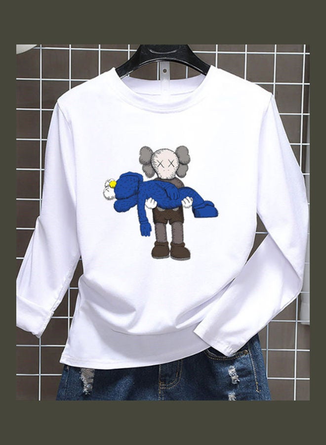 Generic Unisex Long Sleeve T-shirt Cartoon Holding Doll Crew Neck Base Shirt Loose Pullover White  - Image 1