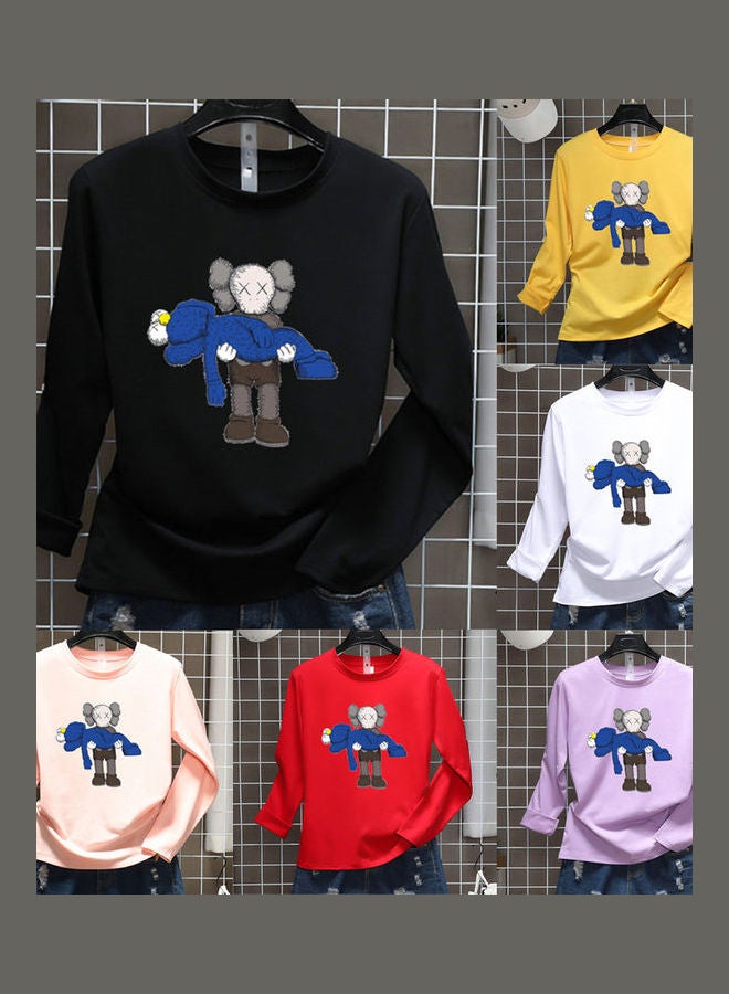 Generic Unisex Long Sleeve T-shirt Cartoon Holding Doll Crew Neck Base Shirt Loose Pullover White  - Image 3