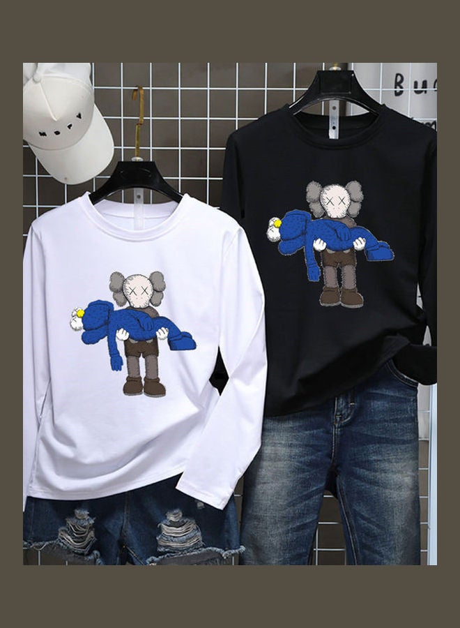 Generic Unisex Long Sleeve T-shirt Cartoon Holding Doll Crew Neck Base Shirt Loose Pullover White  - Image 4