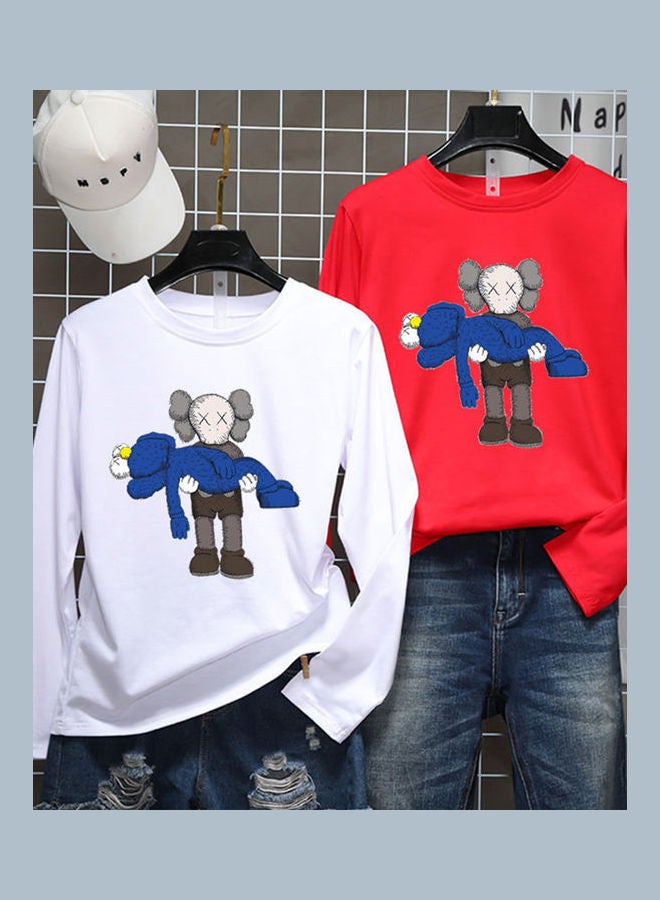 Unisex Long Sleeve T-shirt Cartoon Holding Doll Crew Neck Base Shirt Loose Pullover White