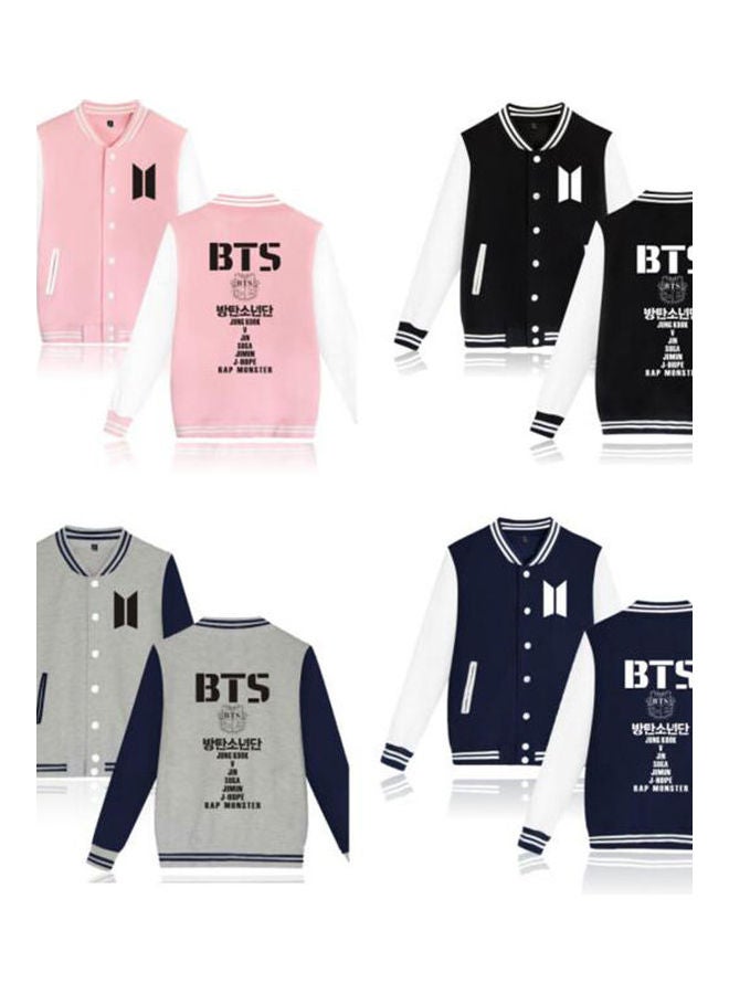جاكيت بيسبول كاجوال فضفاض بصف واحد من الأزرار و طية صدر واحدة بطبعة كلمة "BTS"، للأزواج وردي - Image 4