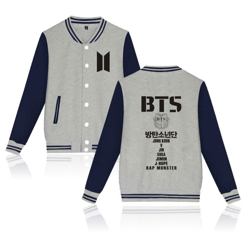 Couple BTS Single-breasted Top Loose Baseball Jacket Casual Cardigan Top Hoodie Gray - Image 4
