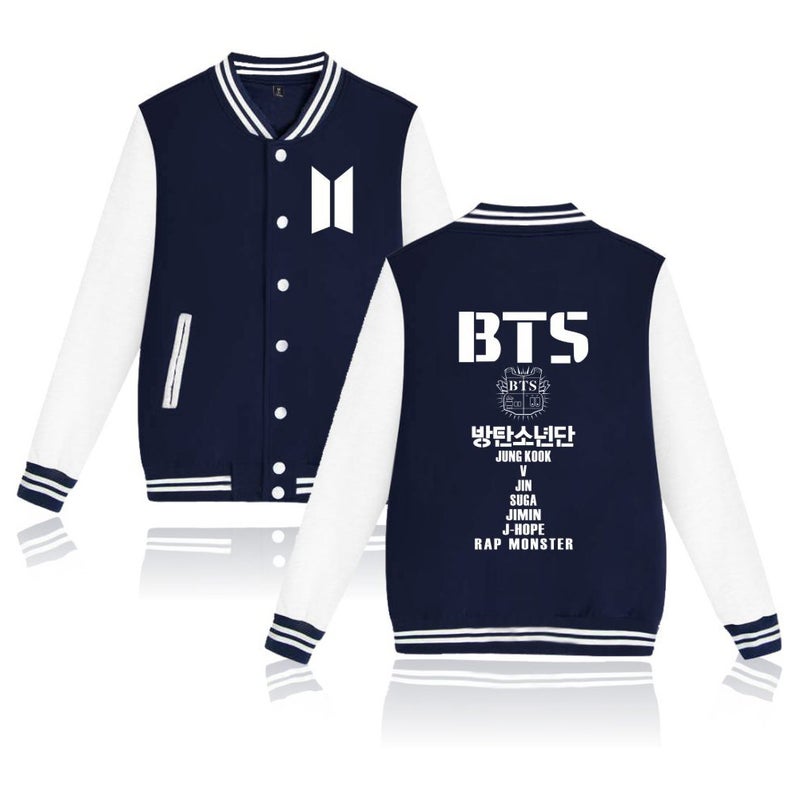 Couple BTS Single-breasted Top Loose Baseball Jacket Casual Cardigan Top Hoodie Dark Blue  - Image 5