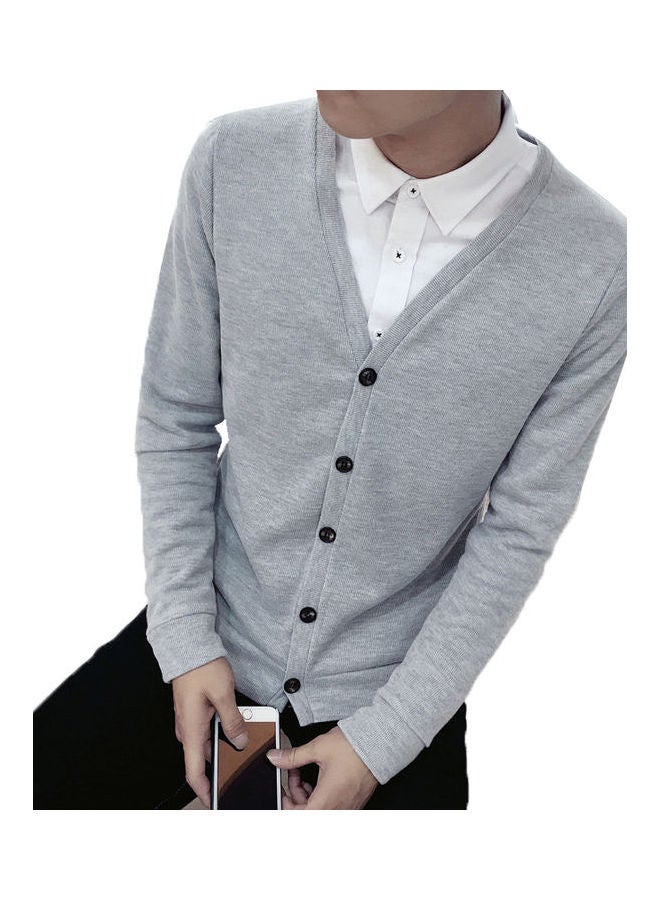 Cardigan V-Collar Sweater Thin Fashion Handsome Knitwear Casual Light Grey  - Image 1