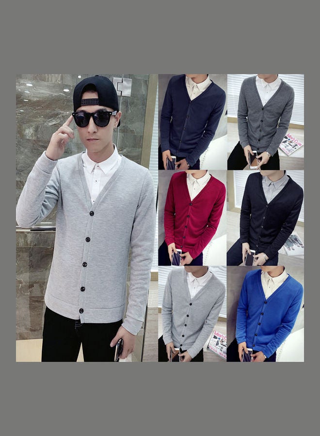 Cardigan V-Collar Sweater Thin Fashion Handsome Knitwear Casual Light Grey  - Image 3