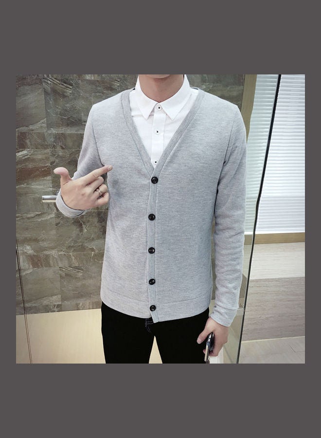 Cardigan V-Collar Sweater Thin Fashion Handsome Knitwear Casual Light Grey  - Image 4