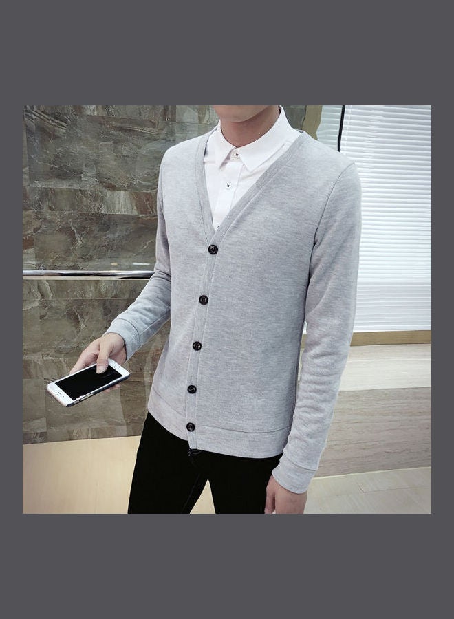 Cardigan V-Collar Sweater Thin Fashion Handsome Knitwear Casual Light Grey  - Image 5