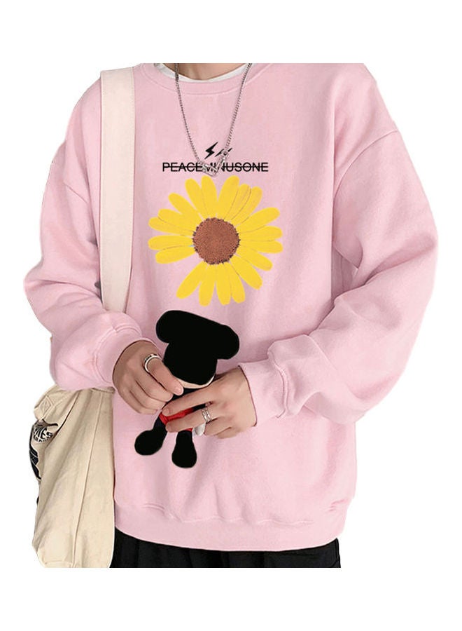 Daisy Printing T Shirt Long Sleeve Fashion Loose Casual Round Collar Pullover Pink  - Image 1
