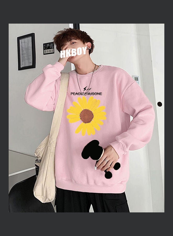 Daisy Printing T Shirt Long Sleeve Fashion Loose Casual Round Collar Pullover Pink  - Image 4