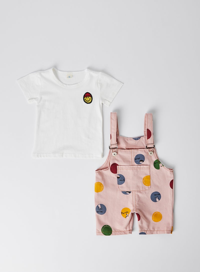 babyqlo Solid Round Neck T-Shirt with Dungaree Set White  - Image 4