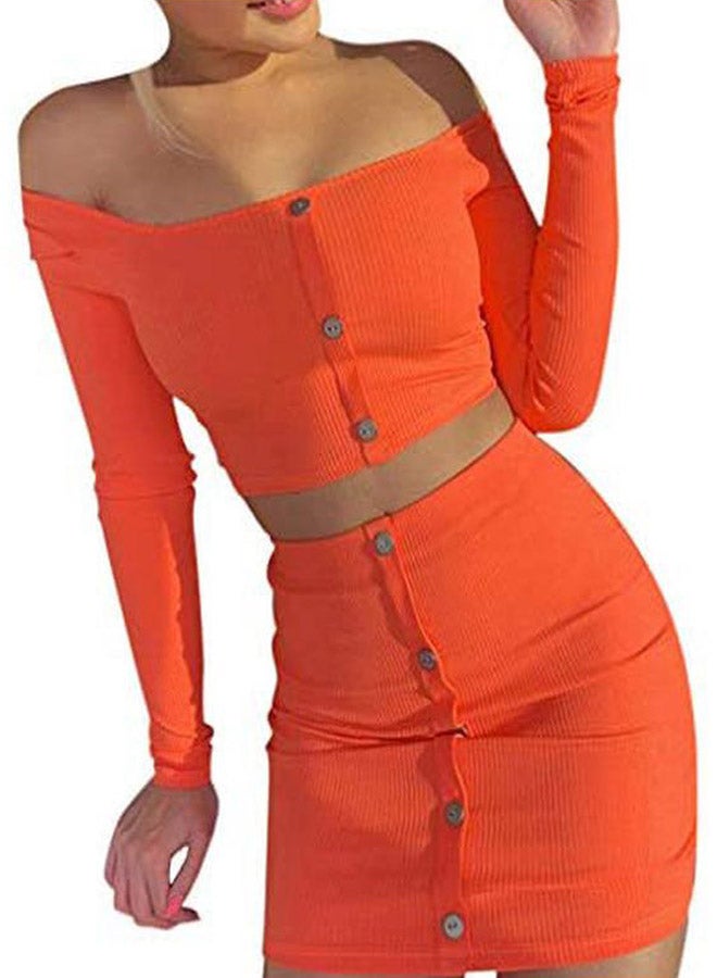 Solid Crop Top With Skirt Orange  - Image 1