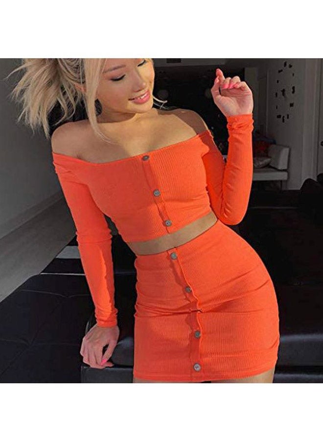 Solid Crop Top With Skirt Orange  - Image 3