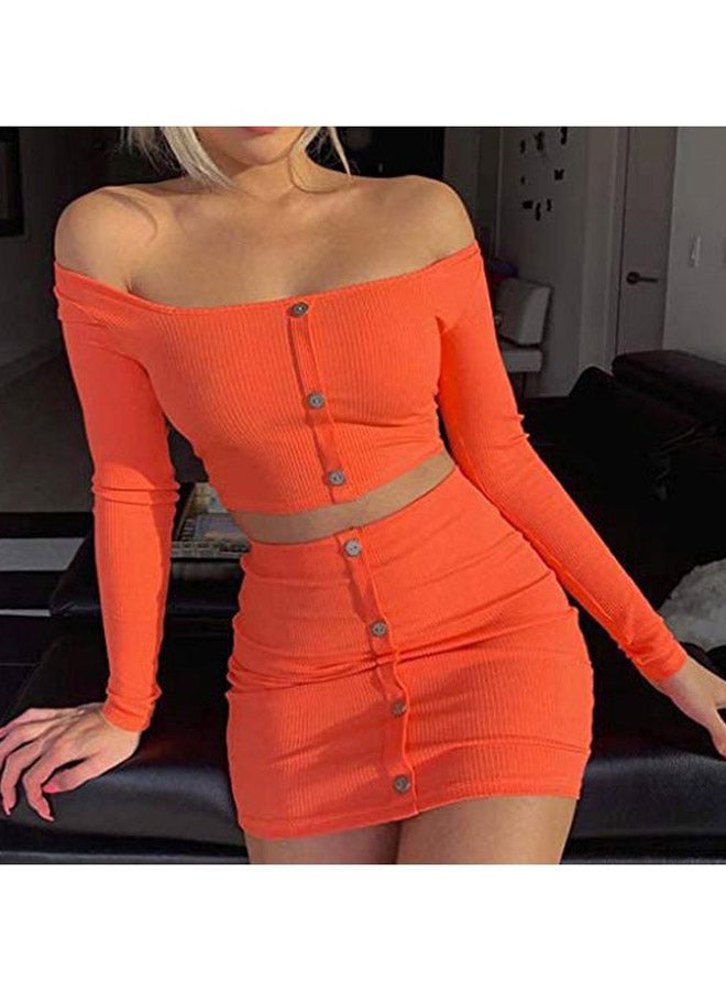 Solid Crop Top With Skirt Orange  - Image 2