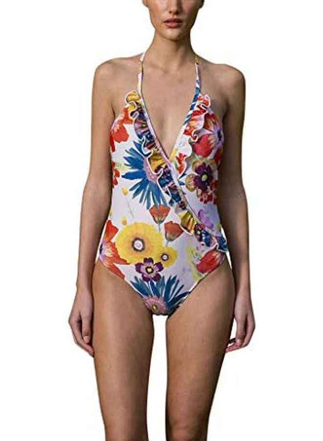 Generic - Floral Printed One Piece Swimsuit White/Blue/Yellow - Image 1