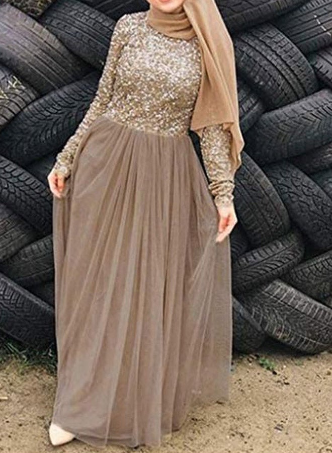 فستان طويل مزيّن بالترتر ذهبي/بني - Image 3
